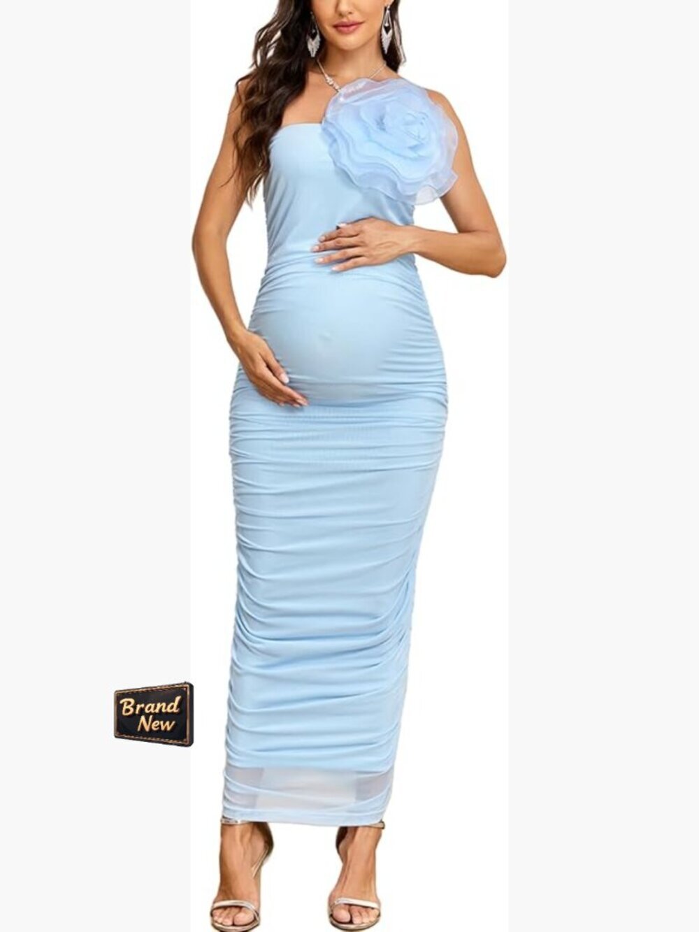 Maternity 3D Floral Mesh Ruched Bodycon Strapless Maxi Dress for Baby Shower